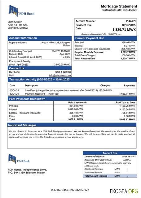 Modèle Word et PDF de relevé hypothécaire de la FDH Bank du Malawi